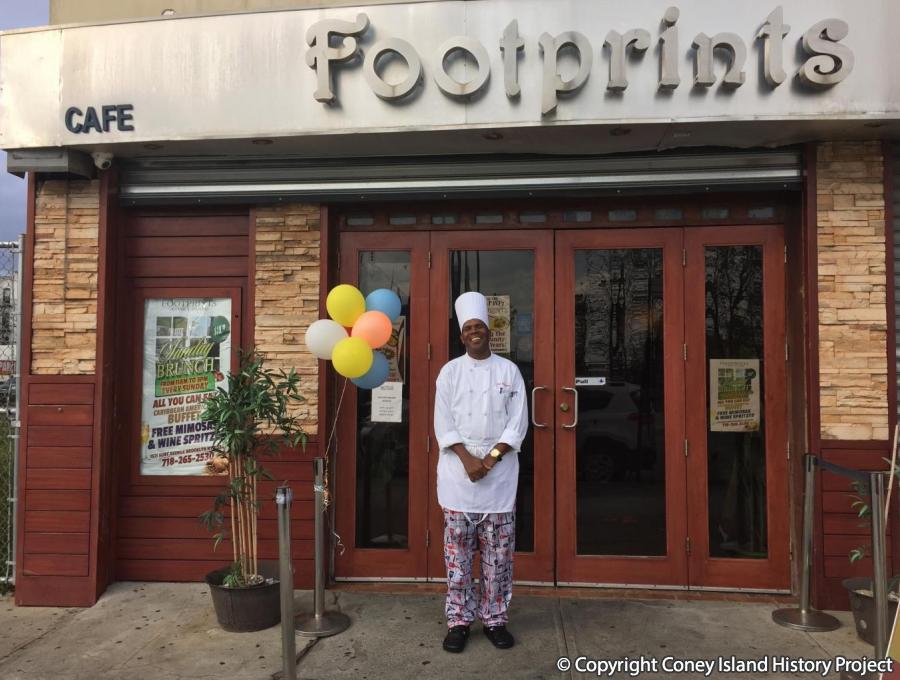 Chef Basil Jones at Footprints Caribbean Cafe on Surf Avenue, 2015. Photo © Coney Island History Project.