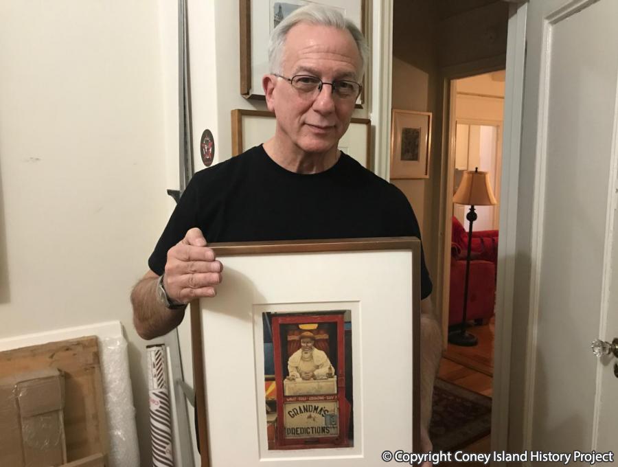 Frederick Brosen with his 2008 watercolor of Grandma's Predictions. Photo: © Coney Island History Project Collection.
