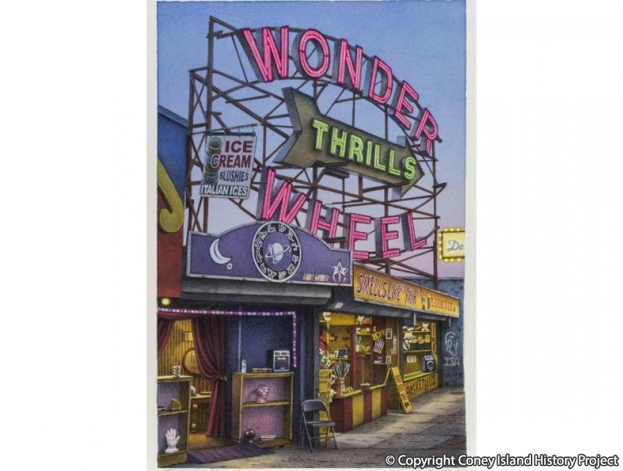 Jones Walk, Coney Island. Watercolor over graphite on paper, 2019. © Frederick Brosen via hirschlandadler.com