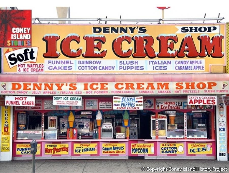 Sam Moses signage for Denny's Ice Cream on Surf Avenue. Photo © Charles Denson.