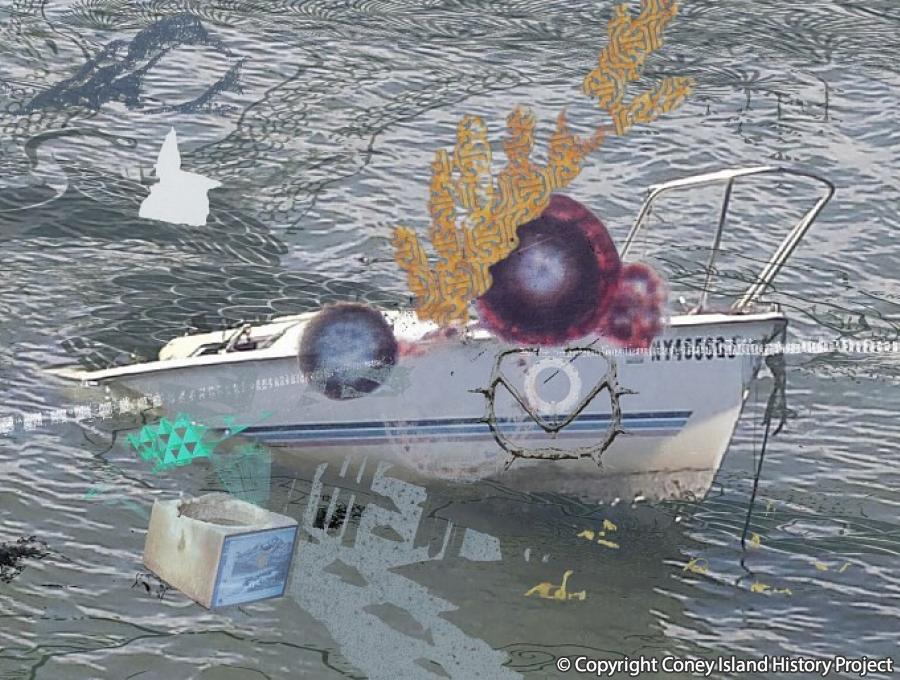 Yi Xin Tong, Abandoned Sunken Junkboat, 2018 Jacquard tapestry, galvanized metal tube. Photo courtesy of NanHai Art.